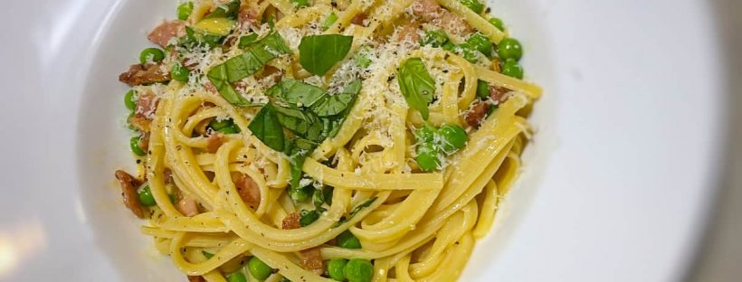 spaghetti carbonara, healthy carbonara, healthy recipe, bacon, pasta