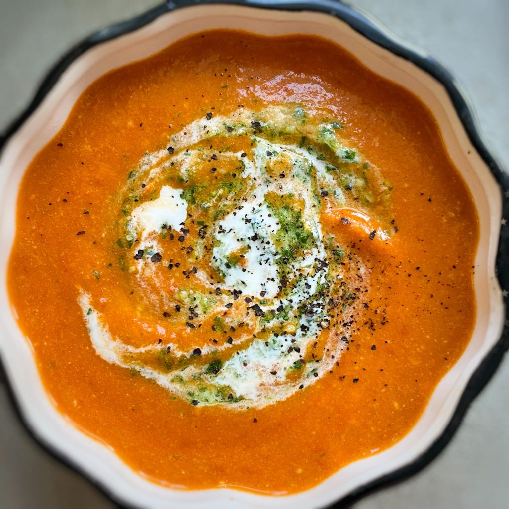 Speedy Tomato Soup with Home-Made Basil Pesto
